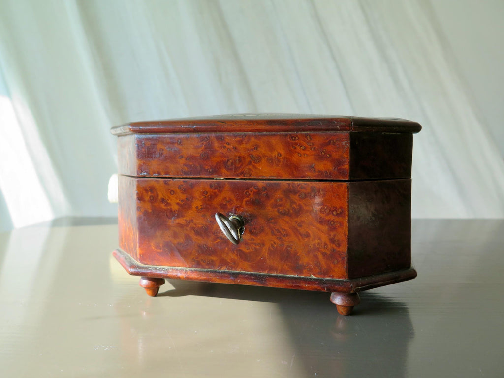 Antique Victorian Burl Walnut Jewelry Box: Blue Tufted Silk Interior