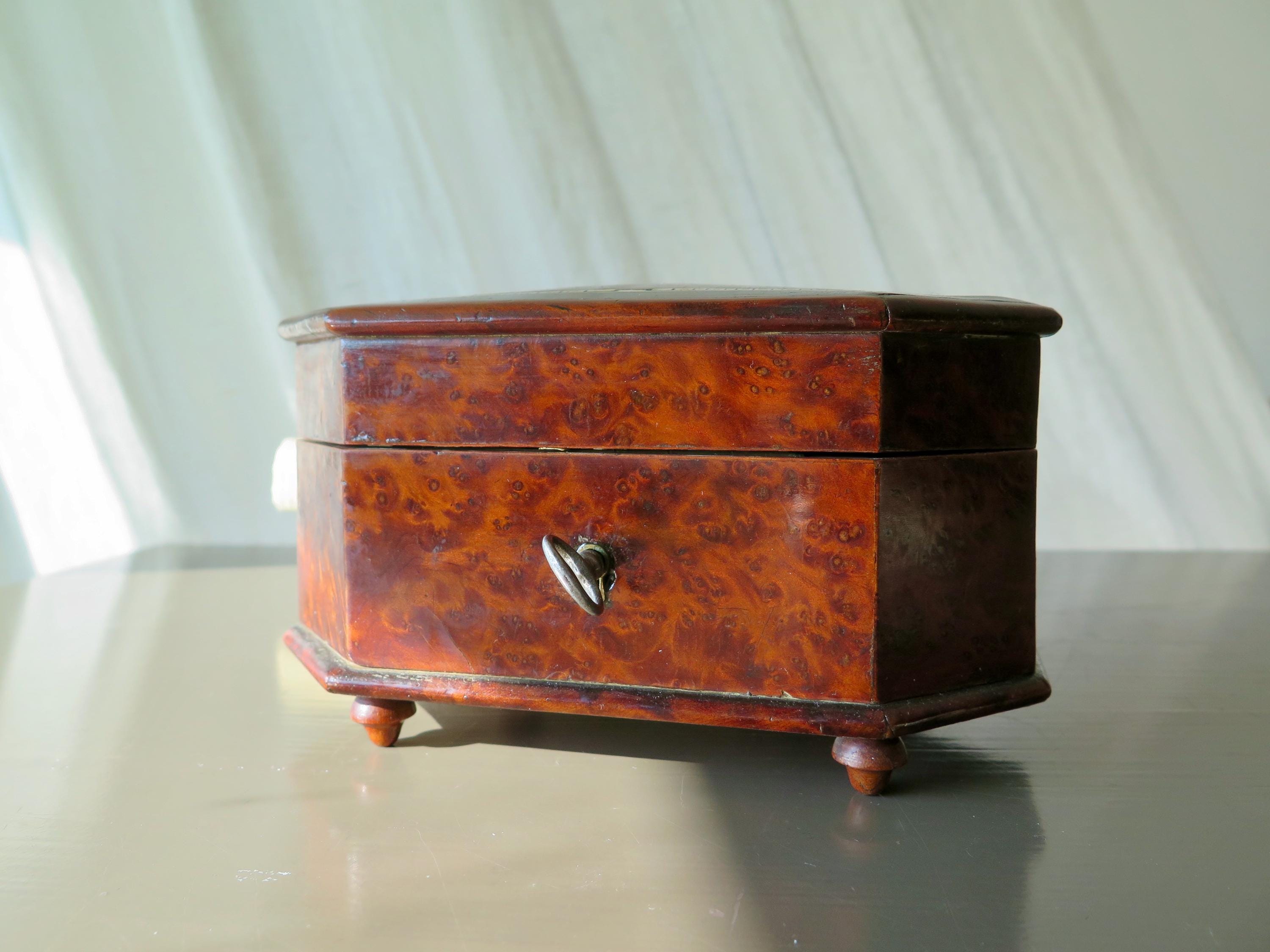 Antique Victorian Burl Walnut Jewelry Box: Blue Tufted Silk Interior