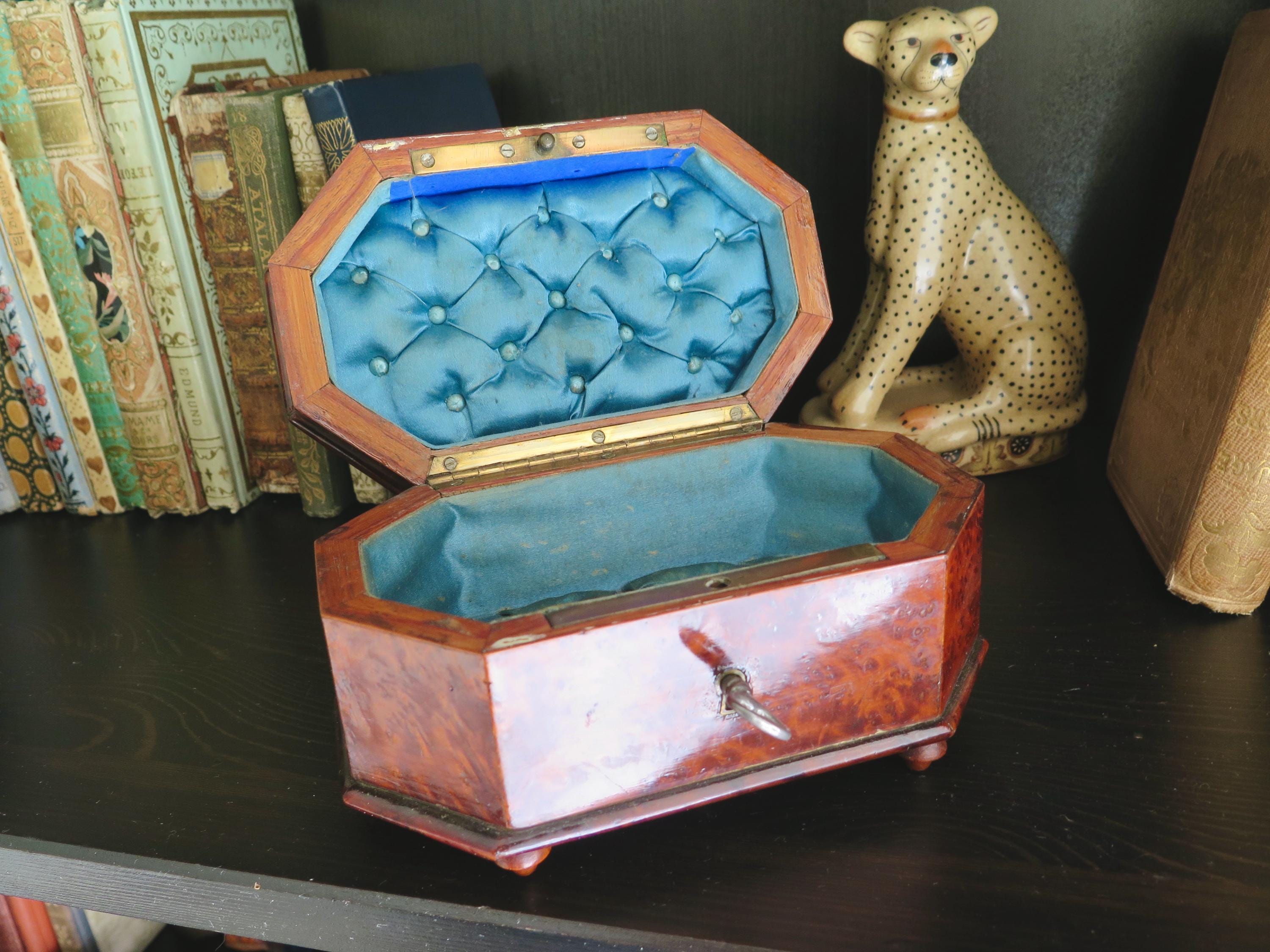 Antique Victorian Burl Walnut Jewelry Box: Blue Tufted Silk Interior