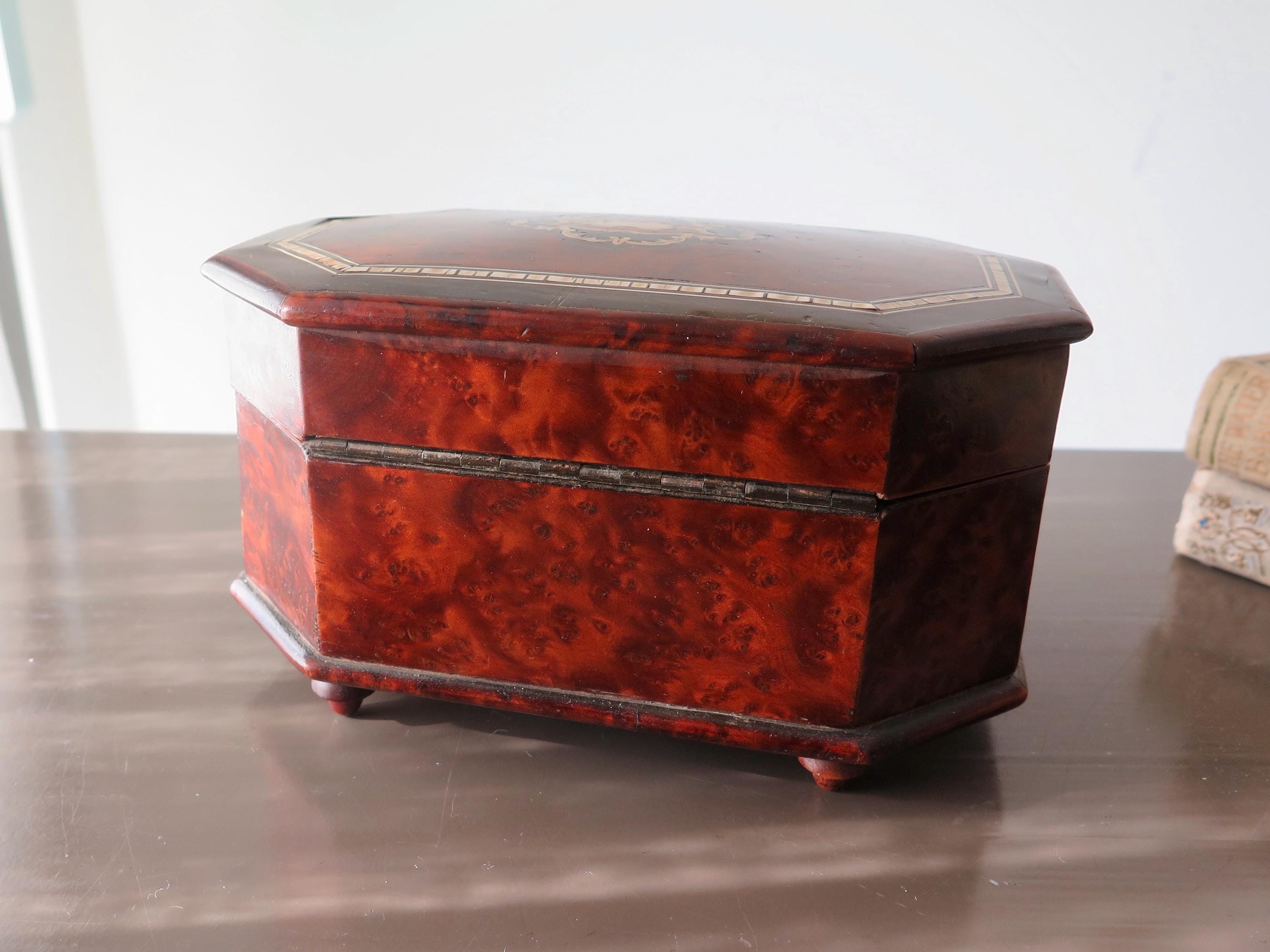 Antique Victorian Burl Walnut Jewelry Box: Blue Tufted Silk Interior