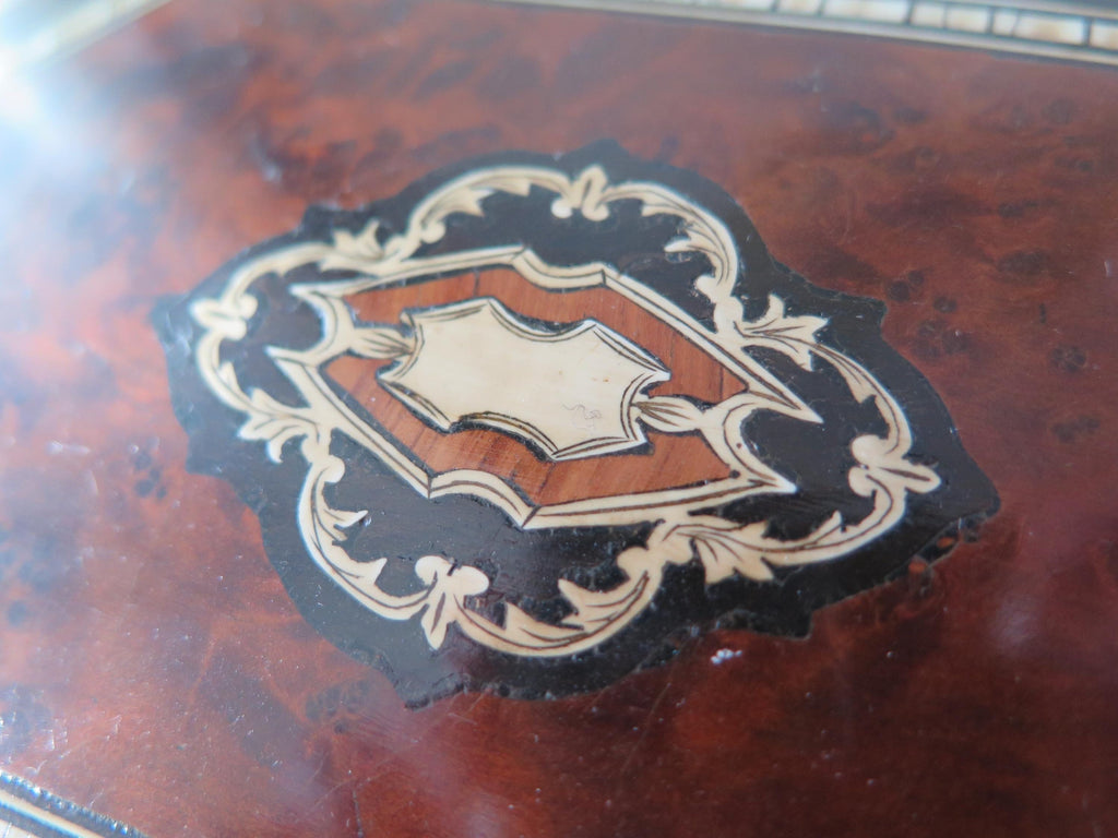Antique Victorian Burl Walnut Jewelry Box: Blue Tufted Silk Interior