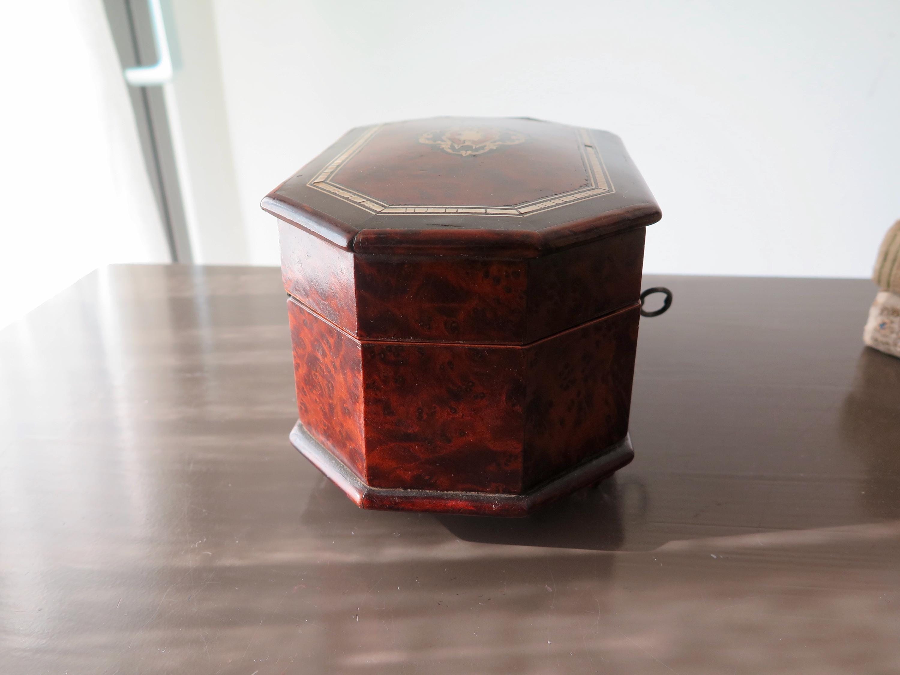 Antique Victorian Burl Walnut Jewelry Box: Blue Tufted Silk Interior