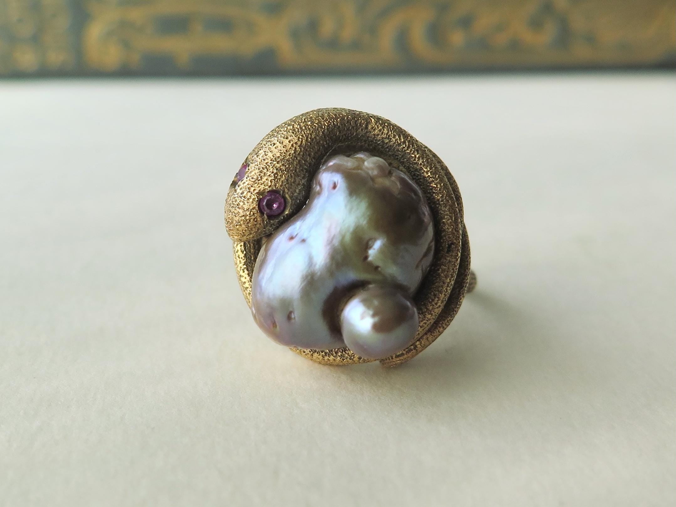 Antique Victorian 18k Gold Serpent Ring: Pearl & Garnet Snake Jewelry
