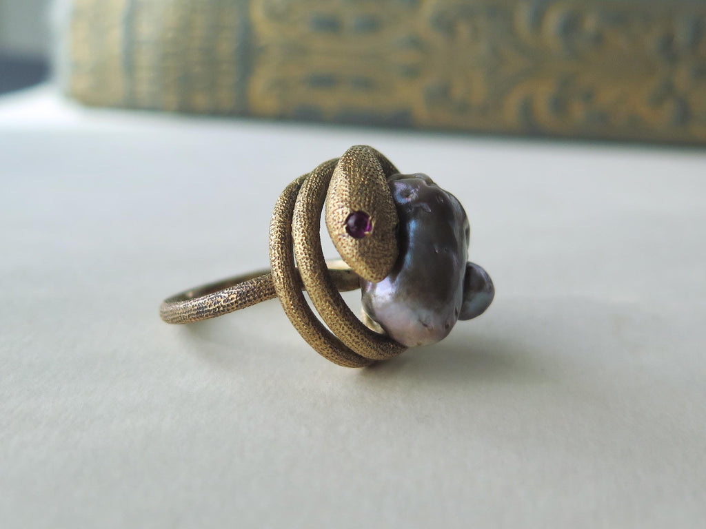Antique Victorian 18k Gold Serpent Ring: Pearl & Garnet Snake Jewelry