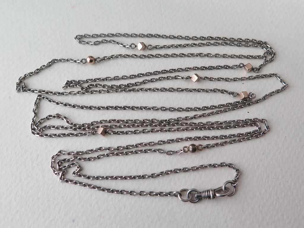 Antique 58" Silver & Rose Gold Long Guard Chain: Edwardian Art Deco Muff Chain