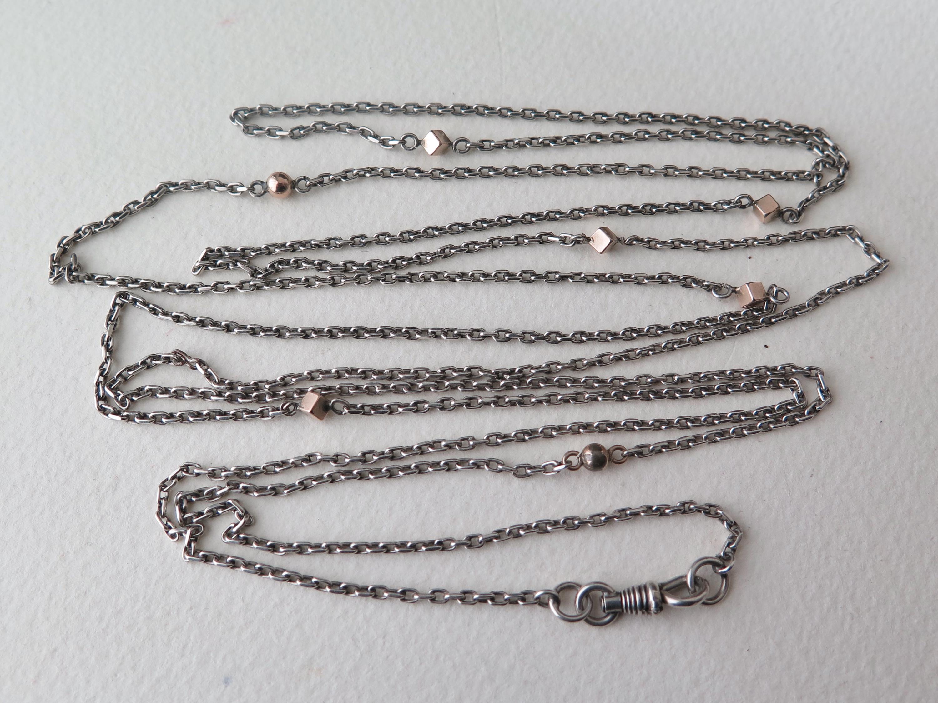 Antique 58" Silver & Rose Gold Long Guard Chain: Edwardian Art Deco Muff Chain