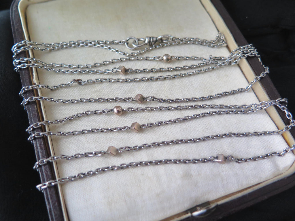 Antique 58" Silver & Rose Gold Long Guard Chain: Edwardian Art Deco Muff Chain