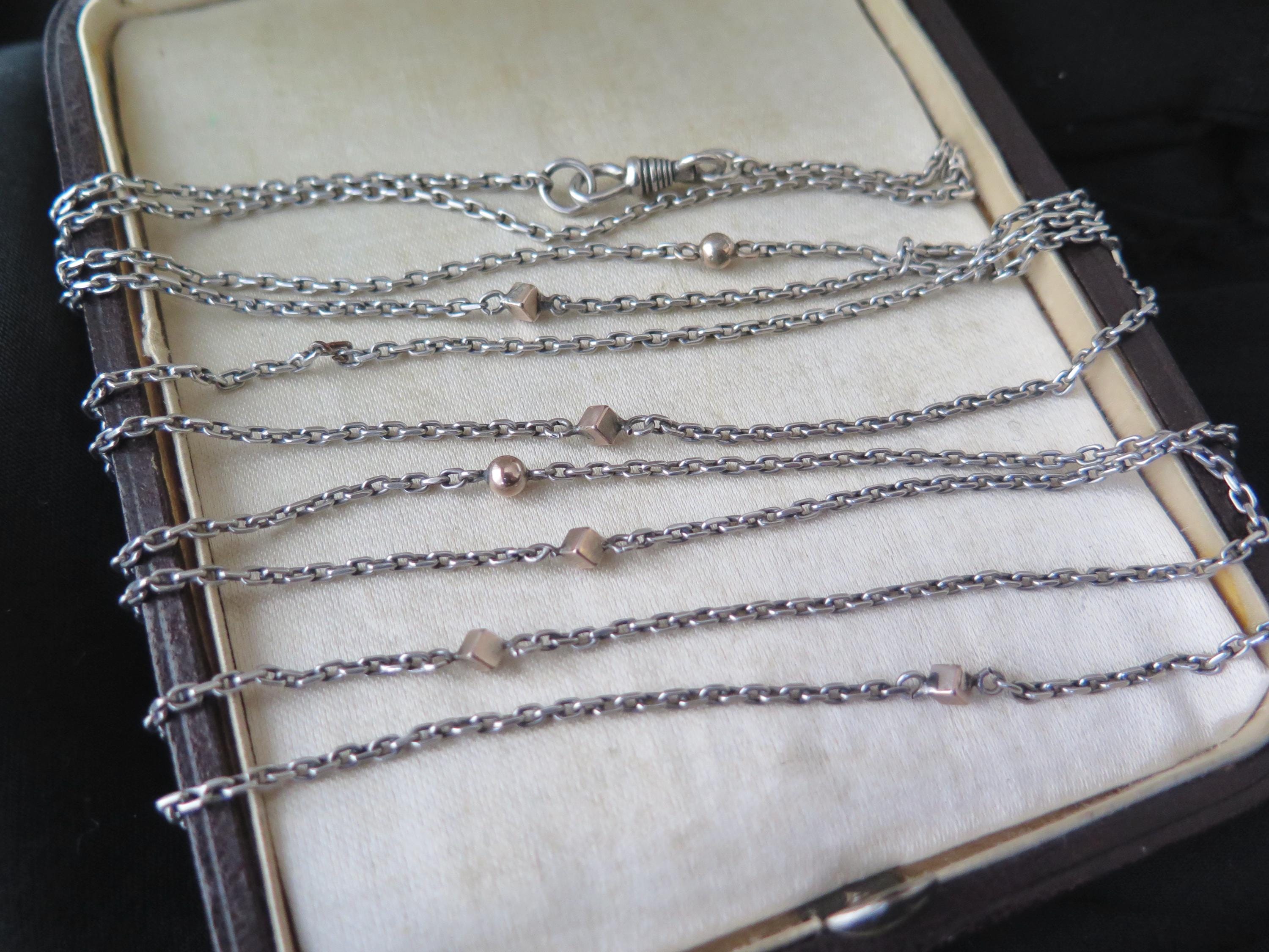 Antique 58" Silver & Rose Gold Long Guard Chain: Edwardian Art Deco Muff Chain