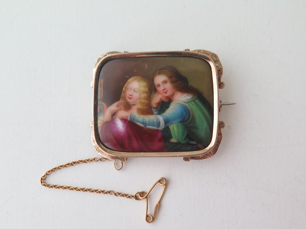 Antique 14k Gold Portrait Brooch: Hand-Painted Porcelain Two Women