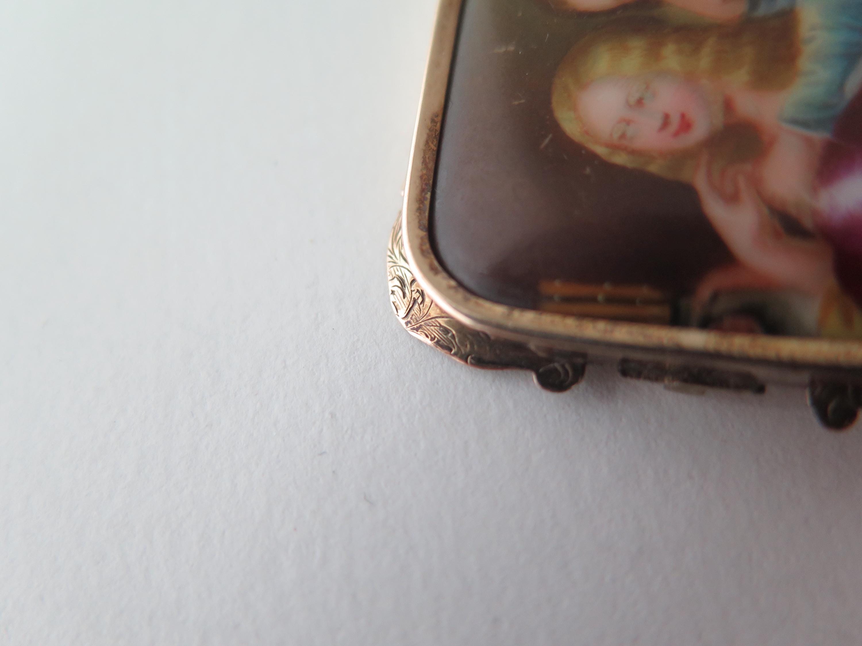Antique 14k Gold Portrait Brooch: Hand-Painted Porcelain Two Women