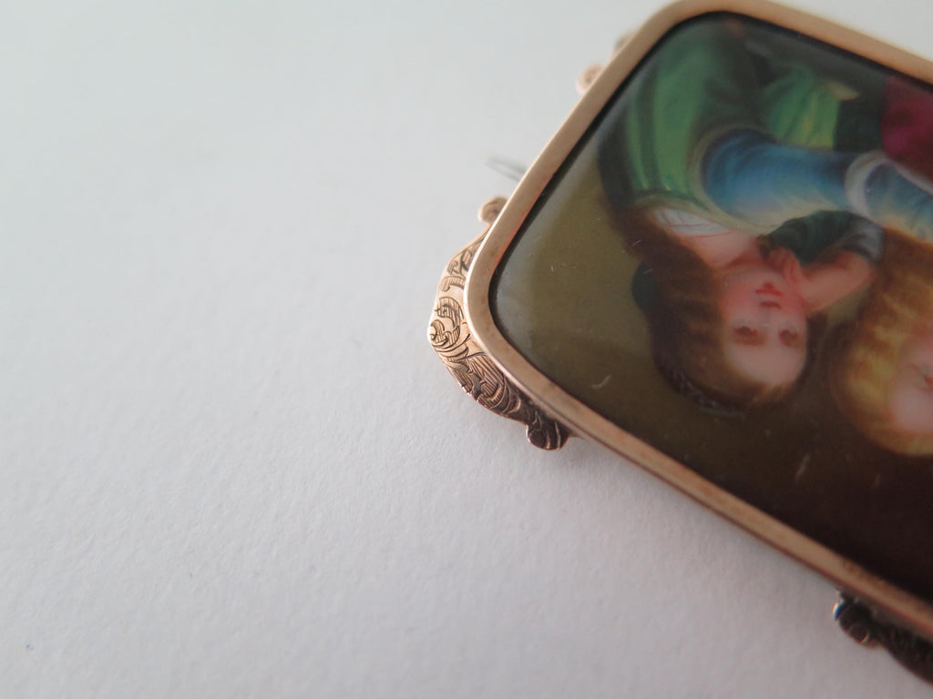 Antique 14k Gold Portrait Brooch: Hand-Painted Porcelain Two Women