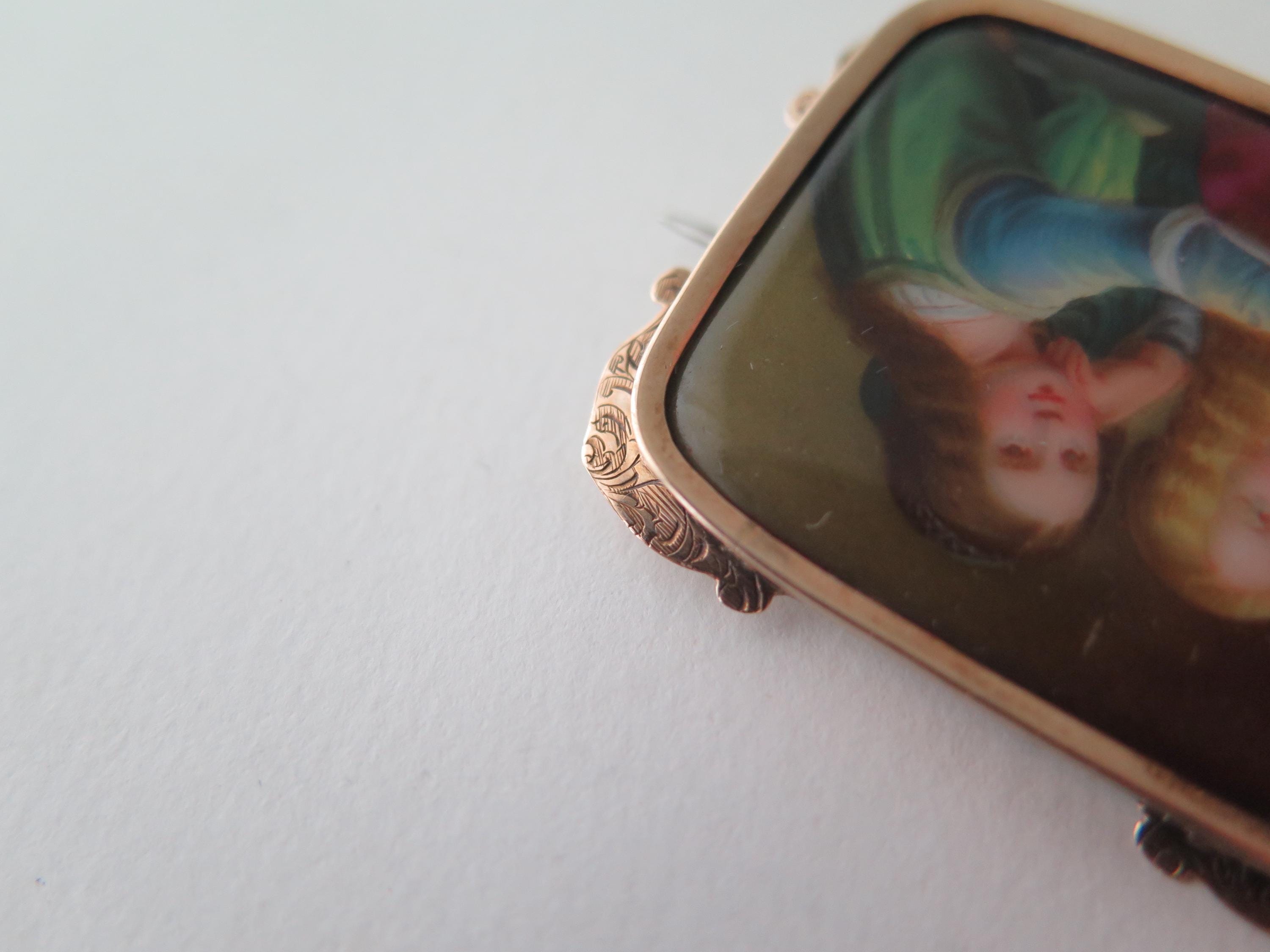 Antique 14k Gold Portrait Brooch: Hand-Painted Porcelain Two Women