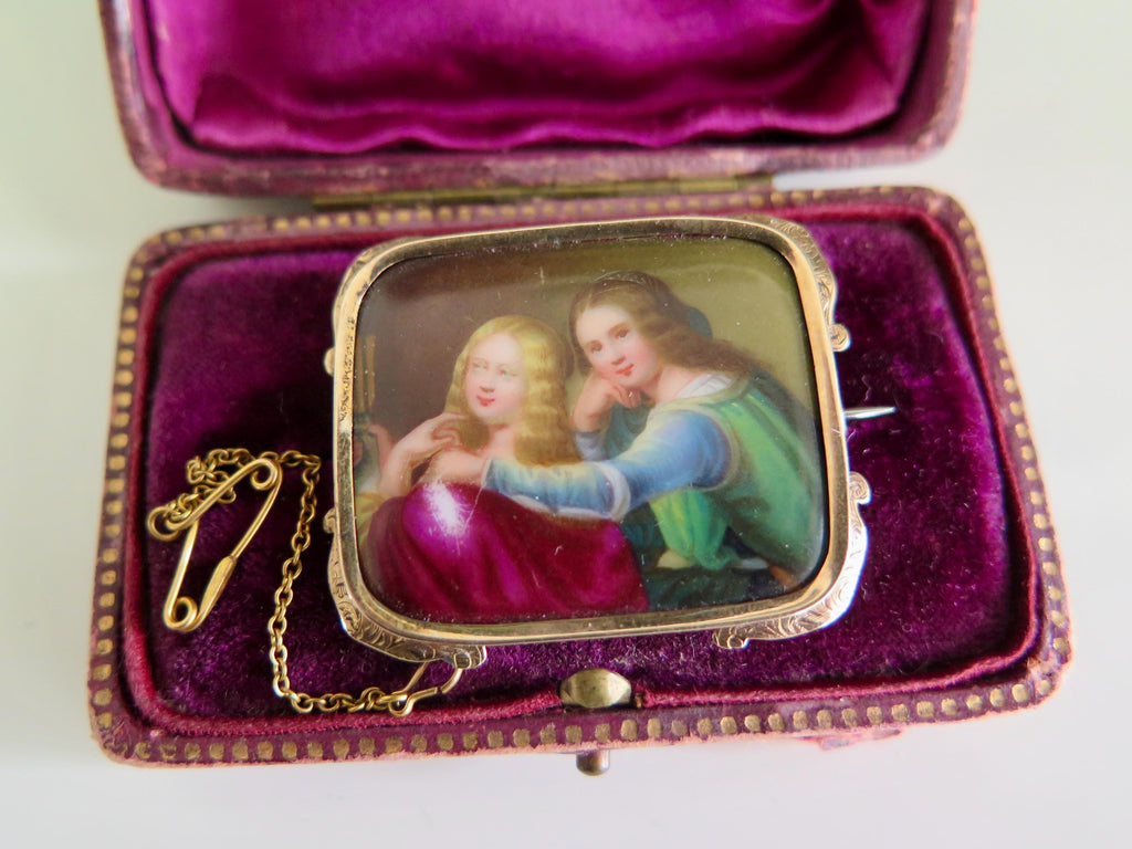 Antique 14k Gold Portrait Brooch: Hand-Painted Porcelain Two Women