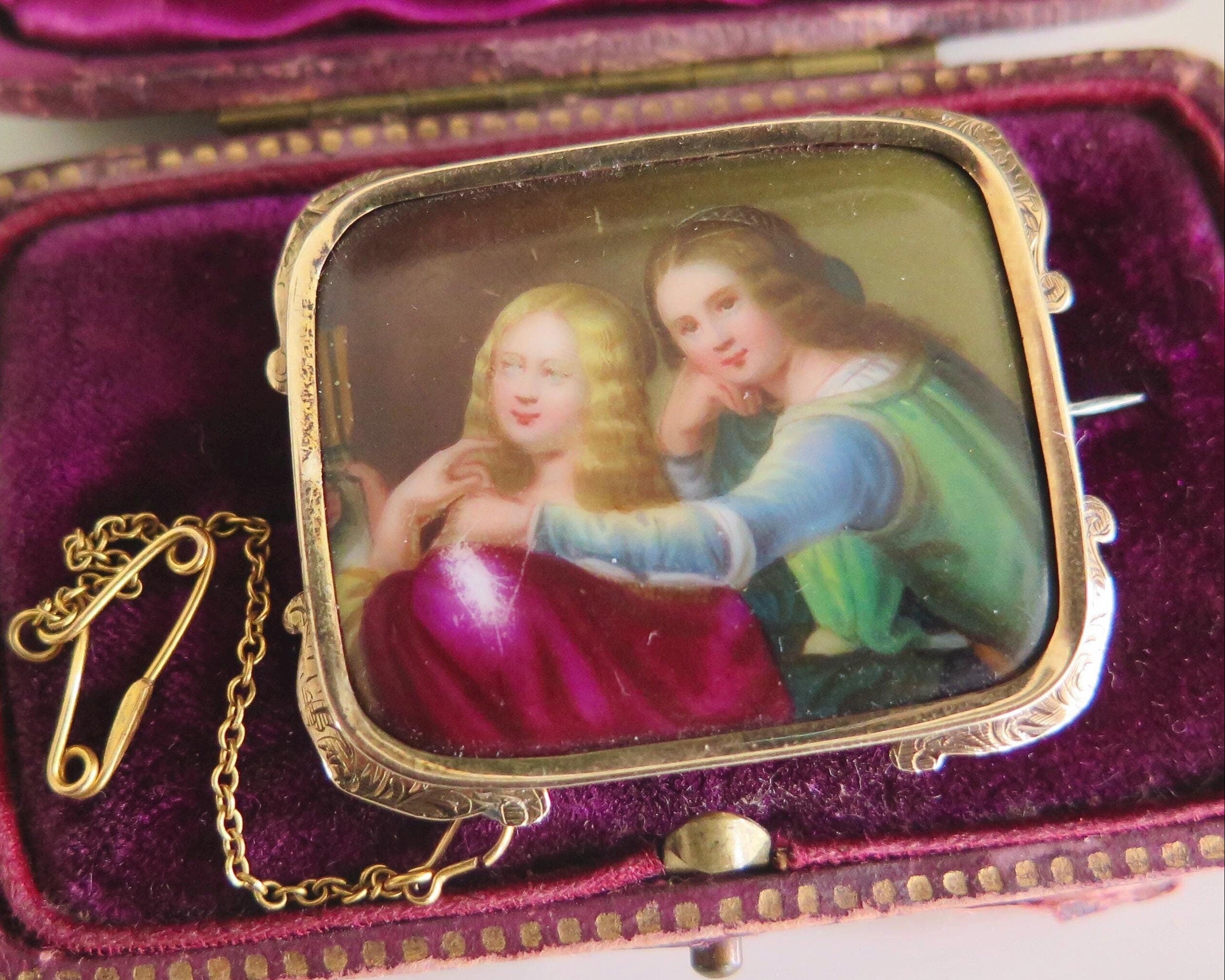 Antique 14k Gold Portrait Brooch: Hand-Painted Porcelain Two Women