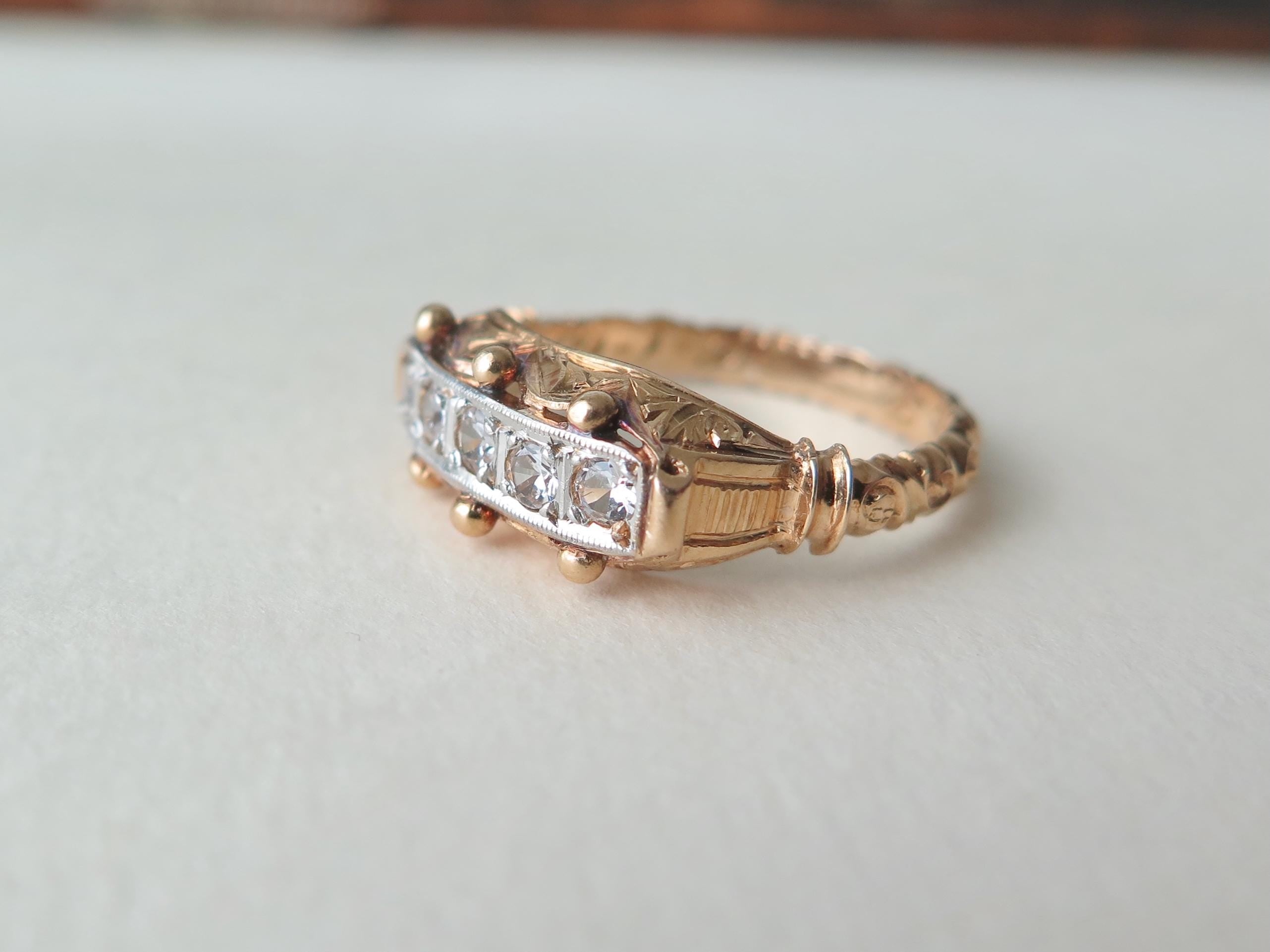 Vintage 18k Gold Rock Crystal Ring: Five Stone Riviere Design