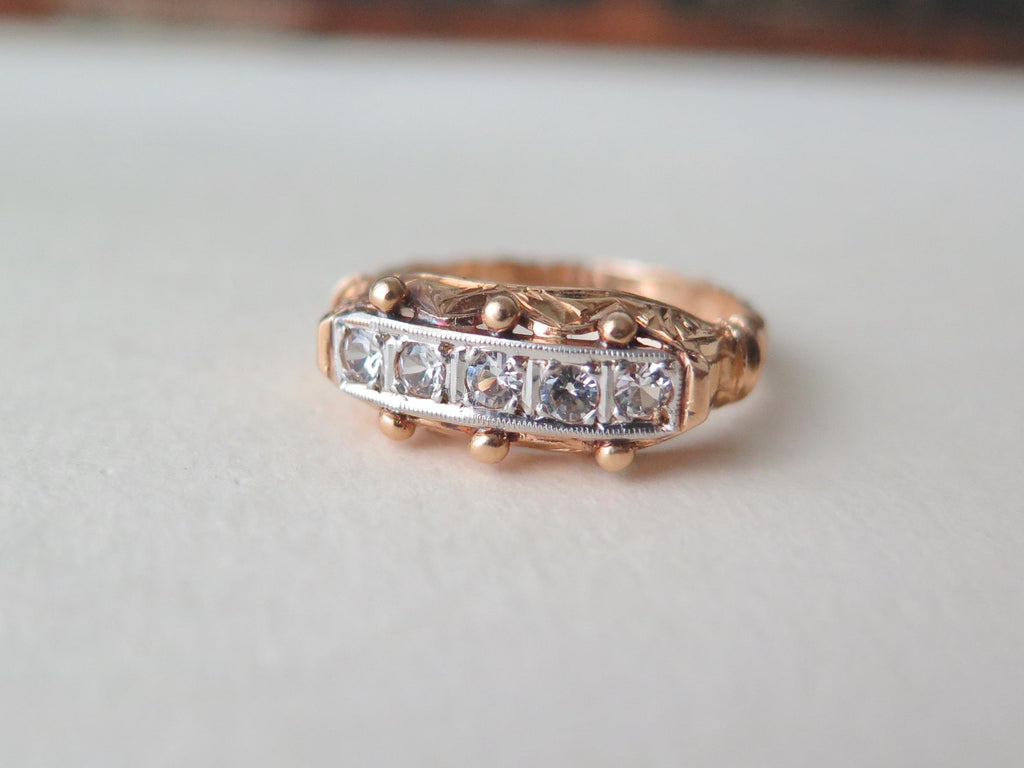 Vintage 18k Gold Rock Crystal Ring: Five Stone Riviere Design