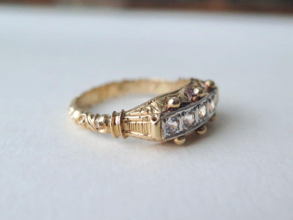 Vintage 18k Gold Rock Crystal Ring: Five Stone Riviere Design