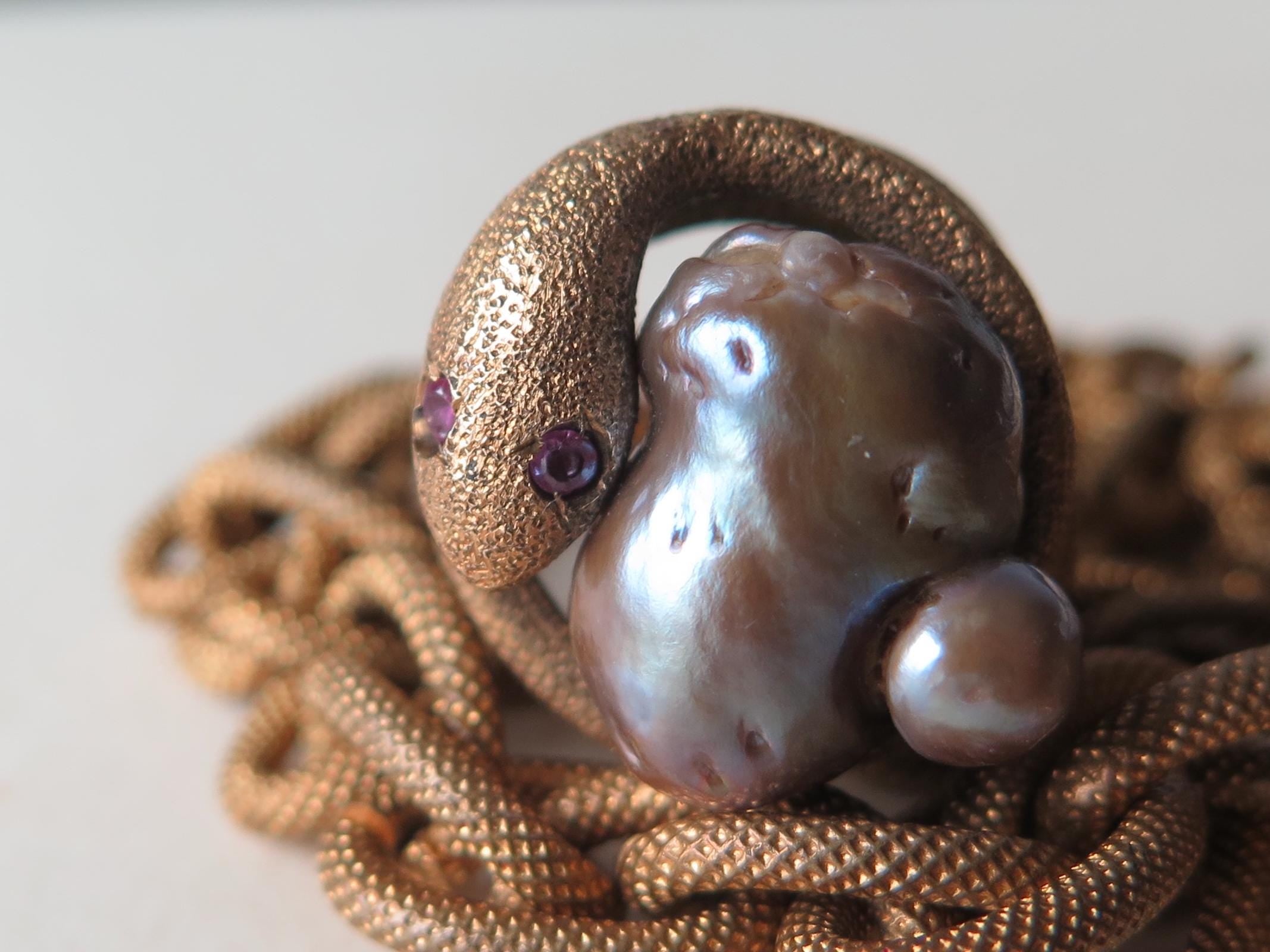 Antique Victorian 18k Gold Serpent Ring: Pearl & Garnet Snake Jewelry