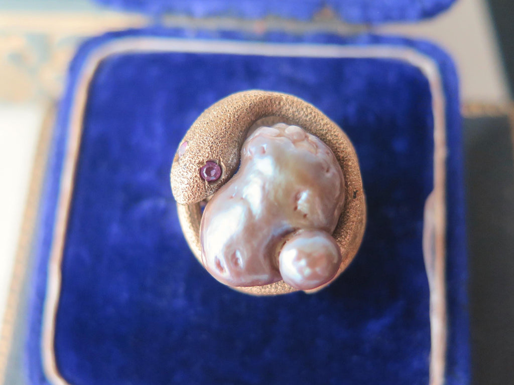 Antique Victorian 18k Gold Serpent Ring: Pearl & Garnet Snake Jewelry