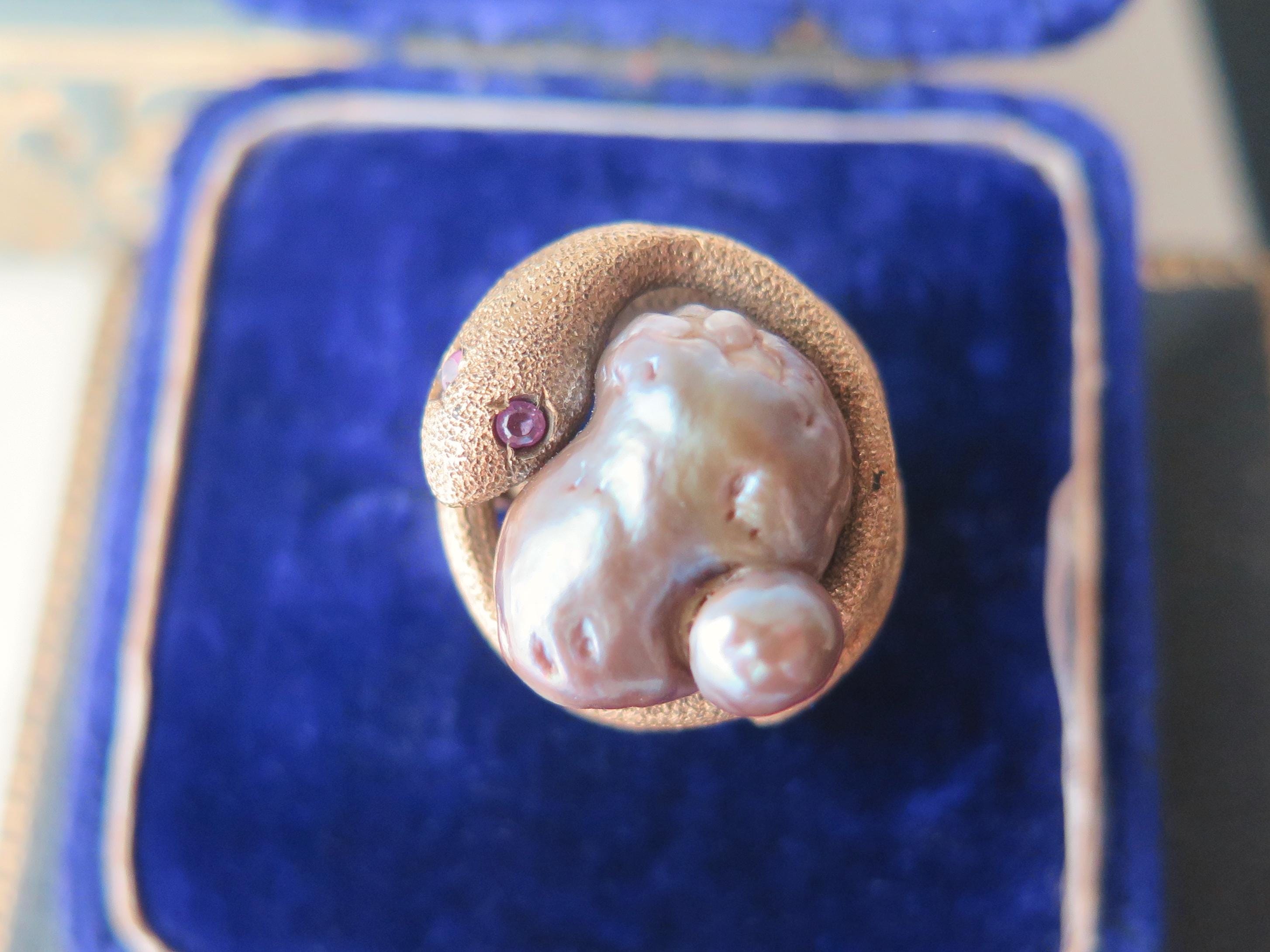 Antique Victorian 18k Gold Serpent Ring: Pearl & Garnet Snake Jewelry