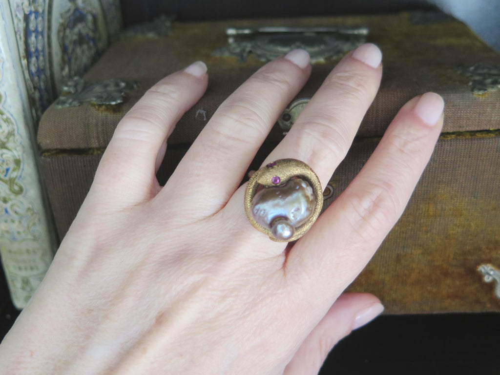 Antique Victorian 18k Gold Serpent Ring: Pearl & Garnet Snake Jewelry