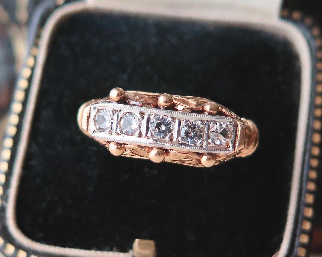 Vintage 18k Gold Rock Crystal Ring: Five Stone Riviere Design