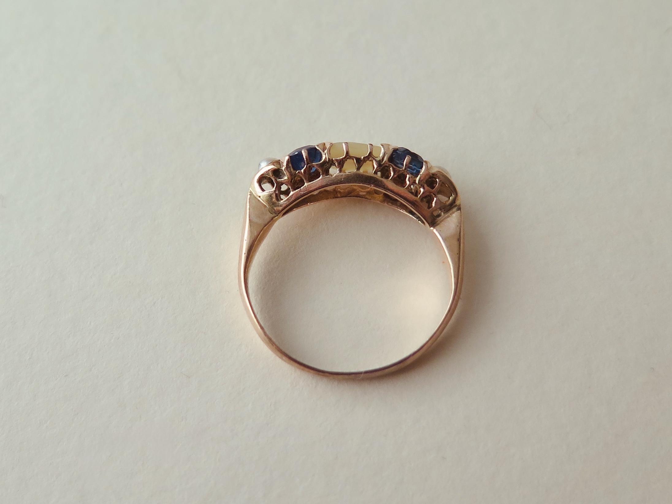 Antique Victorian MOP and Sapphire Ring, 9k Gold