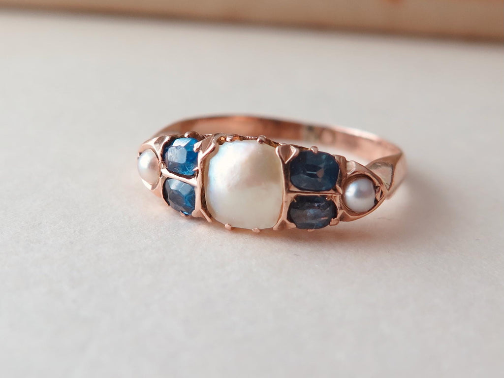 Antique Victorian MOP and Sapphire Ring, 9k Gold