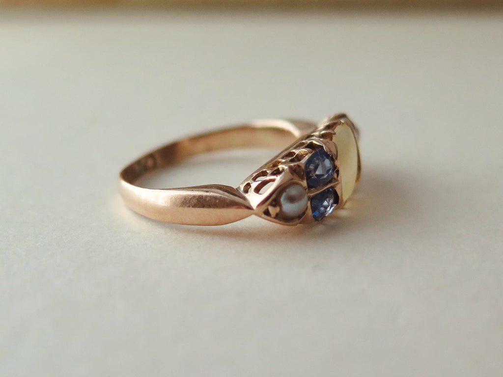 Antique Victorian MOP and Sapphire Ring, 9k Gold