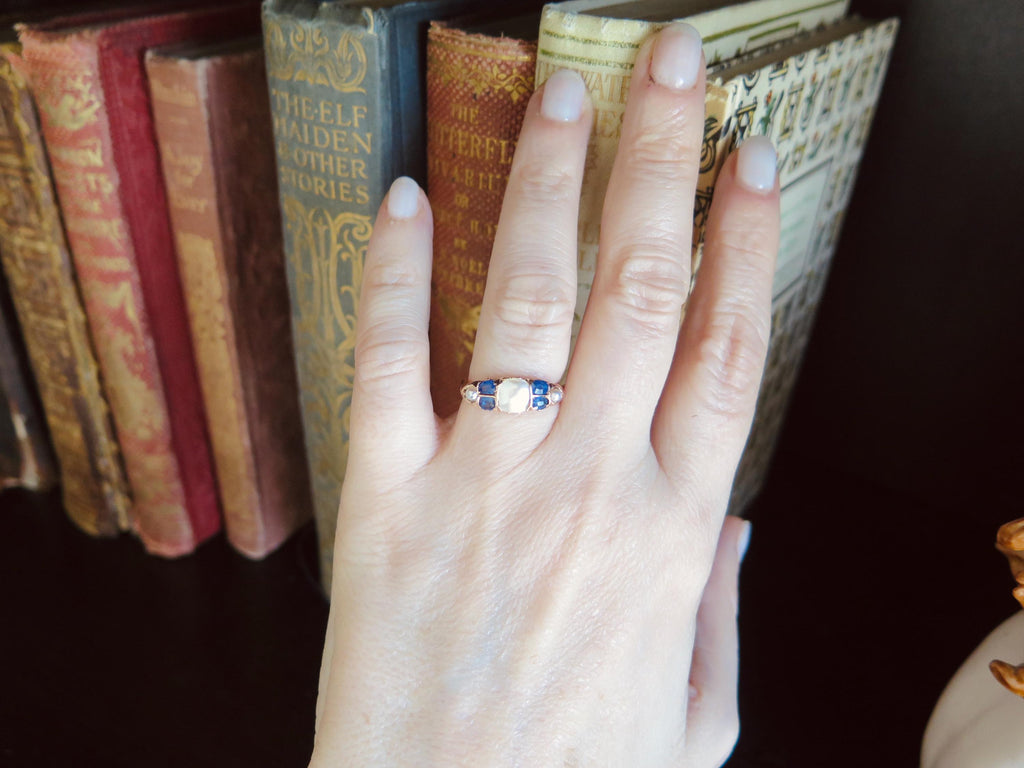 Antique Victorian MOP and Sapphire Ring, 9k Gold