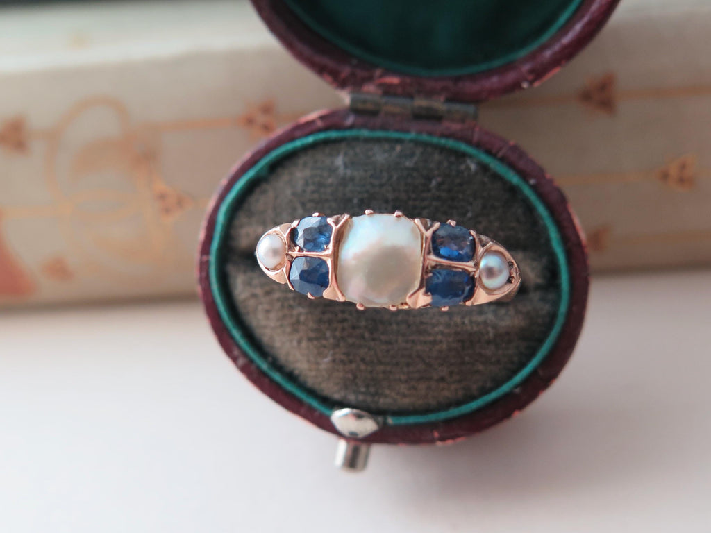 Antique Victorian MOP and Sapphire Ring, 9k Gold