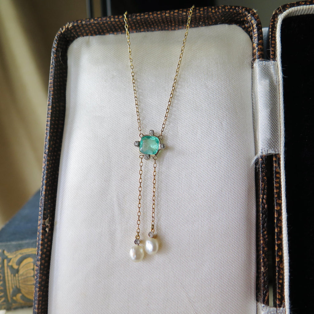 Antique 14k Gold Emerald & Diamond Drop Necklace: Belle Epoque Fine Jewelry