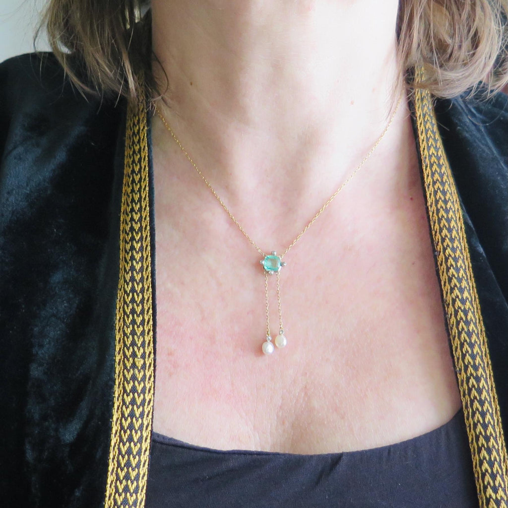 Antique 14k Gold Emerald & Diamond Drop Necklace: Belle Epoque Fine Jewelry