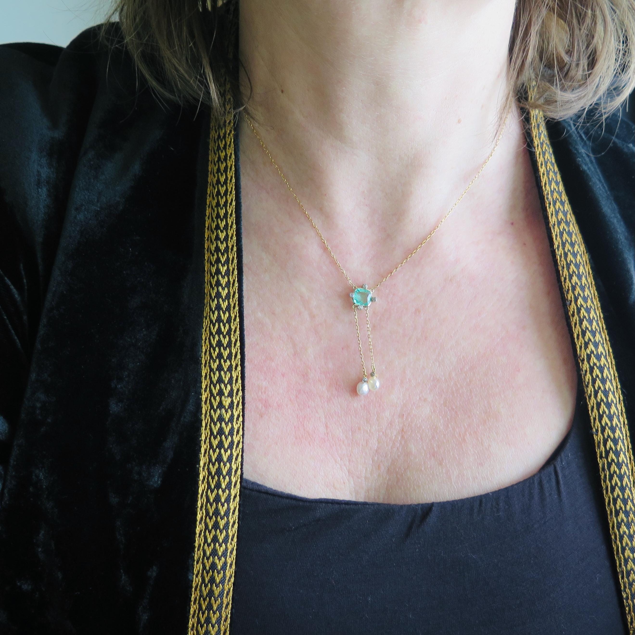 Antique 14k Gold Emerald & Diamond Drop Necklace: Belle Epoque Fine Jewelry