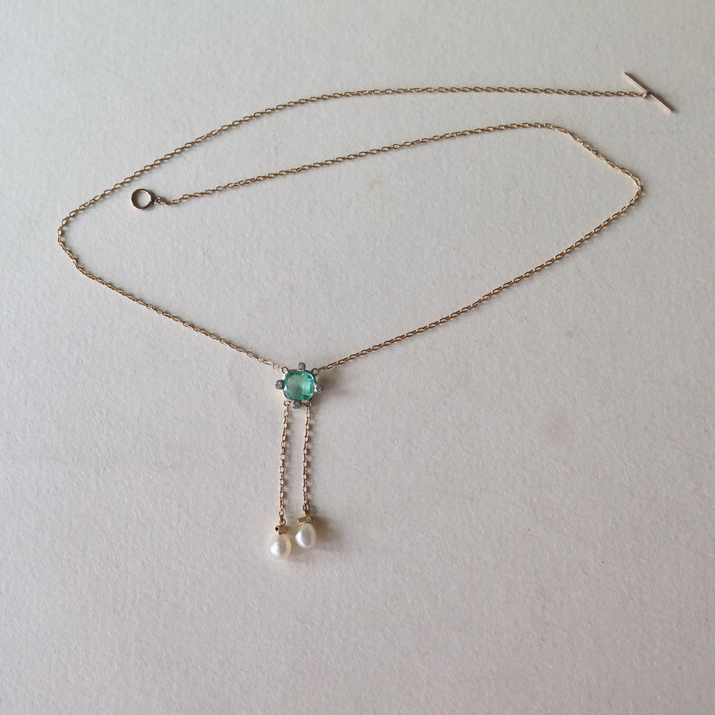 Antique 14k Gold Emerald & Diamond Drop Necklace: Belle Epoque Fine Jewelry