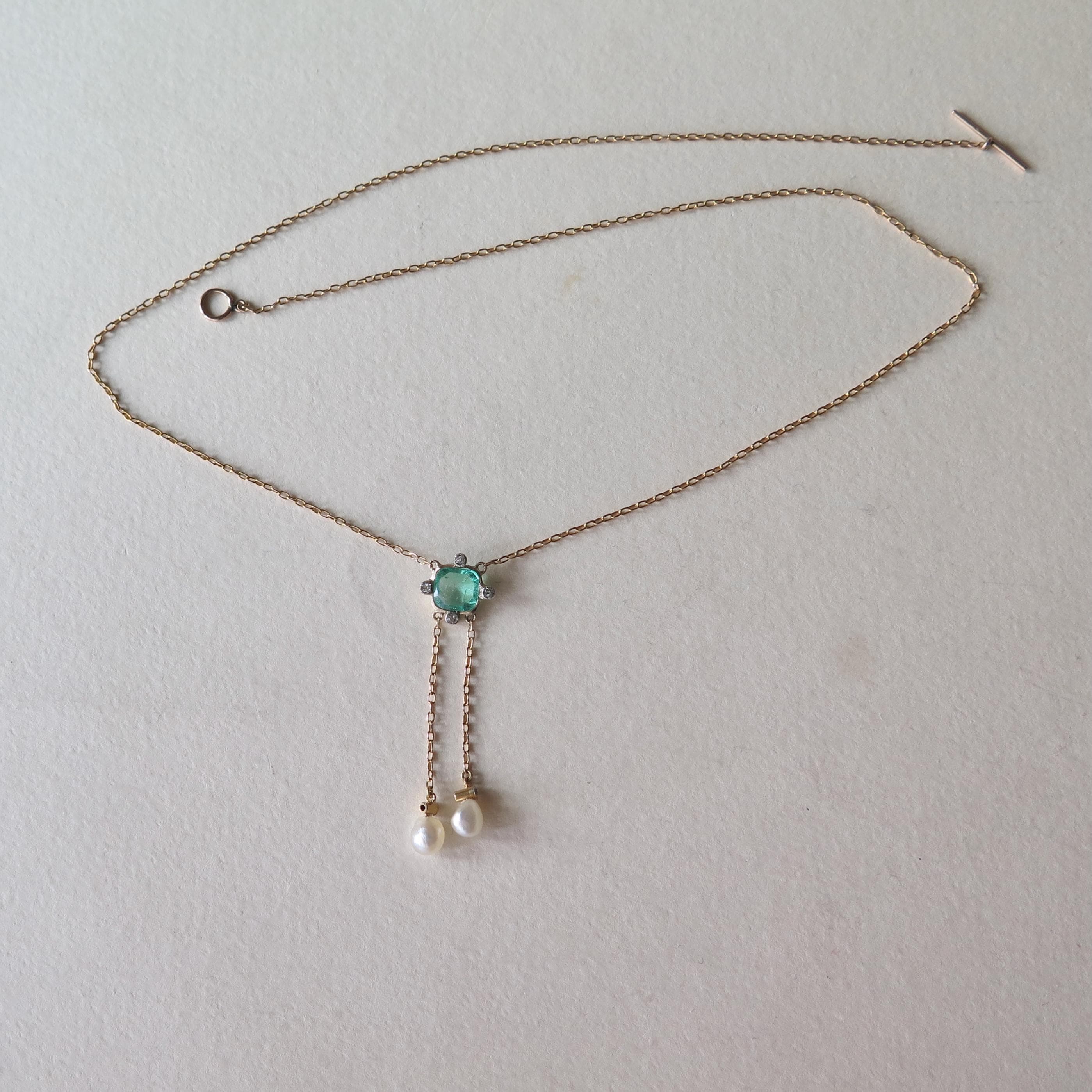 Antique 14k Gold Emerald & Diamond Drop Necklace: Belle Epoque Fine Jewelry