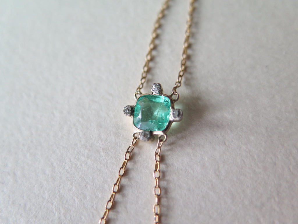Antique 14k Gold Emerald & Diamond Drop Necklace: Belle Epoque Fine Jewelry