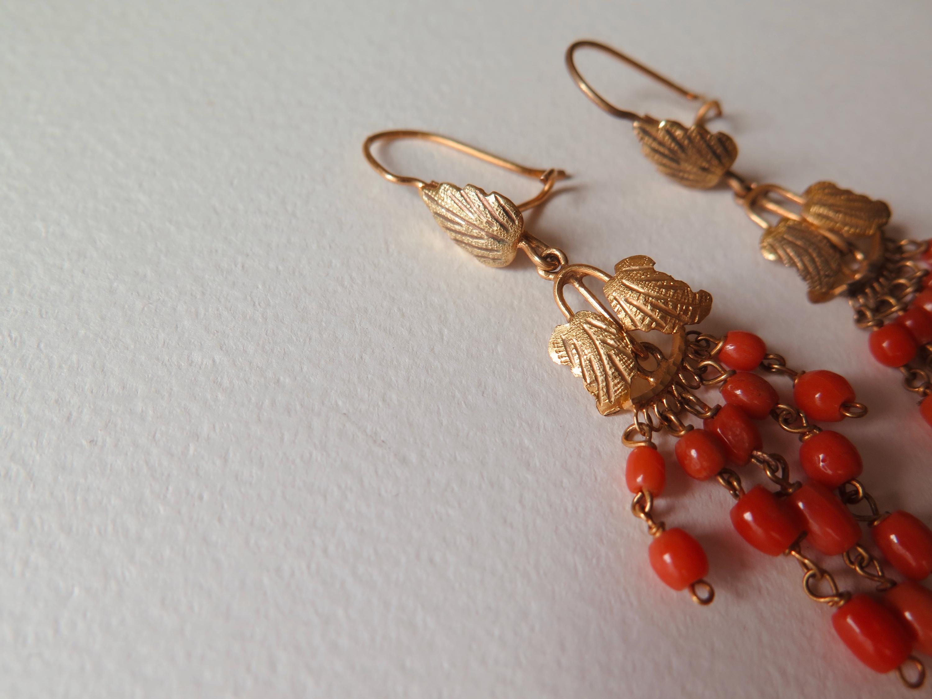 Vintage 9k Gold Coral Chandelier Earrings: Mediterranean Leaf Drops