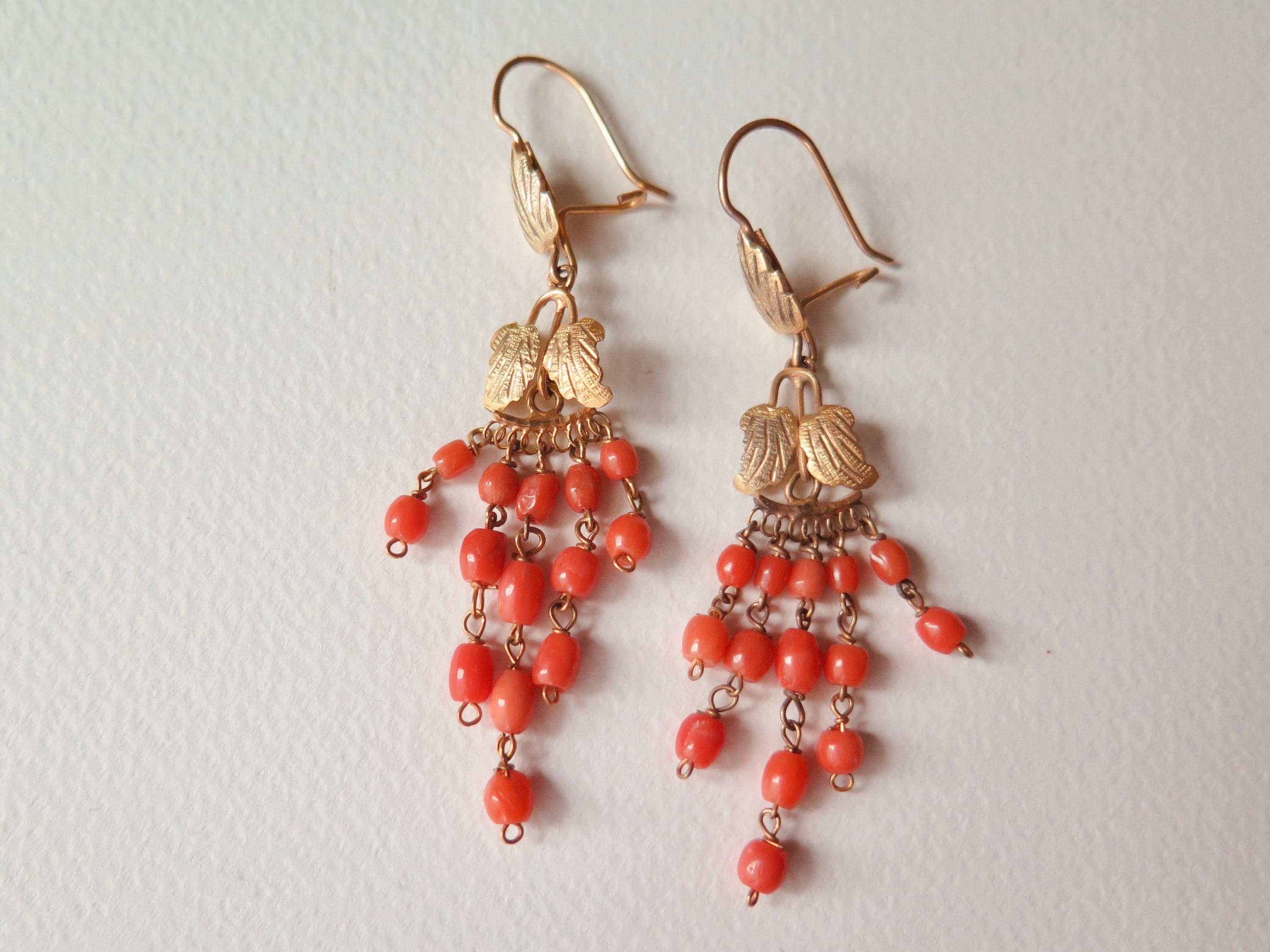Vintage 9k Gold Coral Chandelier Earrings: Mediterranean Leaf Drops