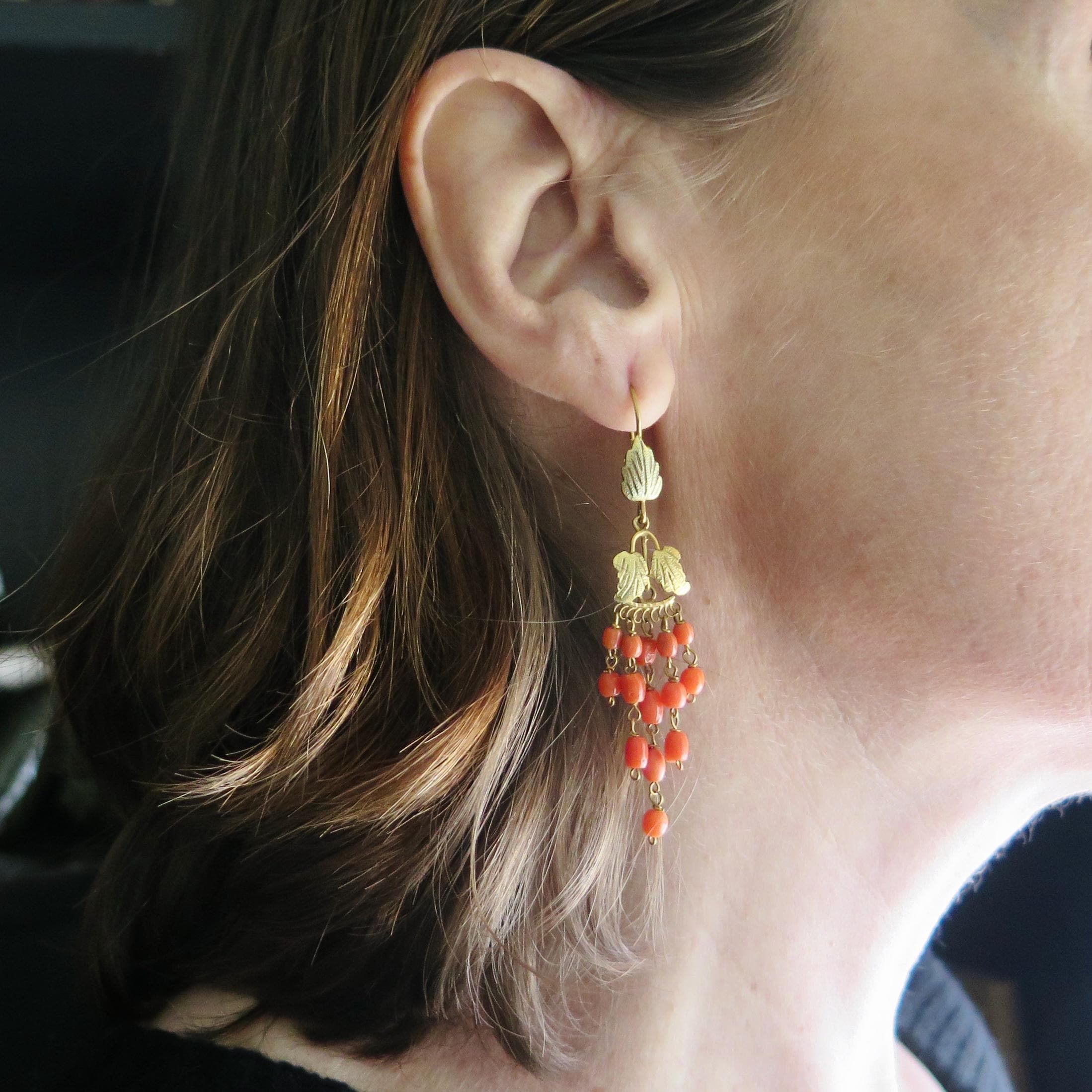 Vintage 9k Gold Coral Chandelier Earrings: Mediterranean Leaf Drops