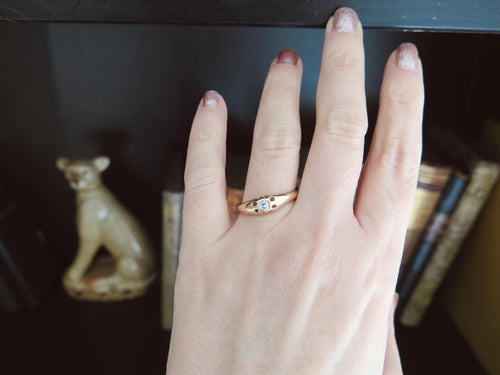Antique 14k Gold Gipsy Ring, Natural Diamond Art Deco Mens Ring