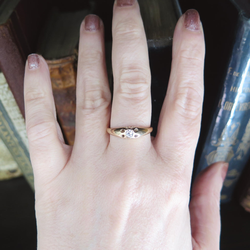 Antique 14k Gold Gipsy Ring, Natural Diamond Art Deco Mens Ring