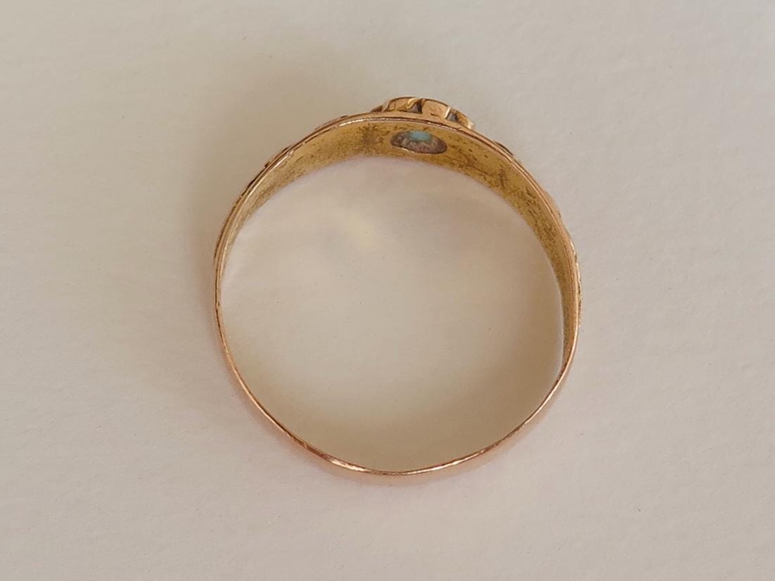 Antique 14k Gold Turquoise Ring: Victorian Engraved Band, 1883