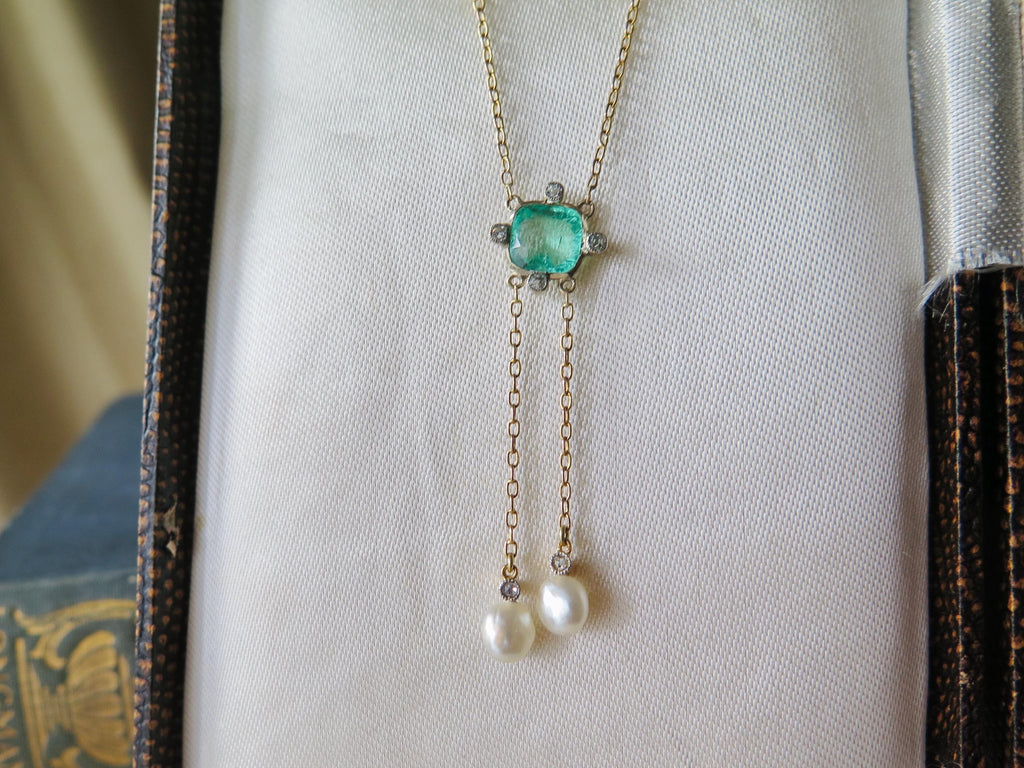 Antique 14k Gold Emerald & Diamond Drop Necklace: Belle Epoque Fine Jewelry