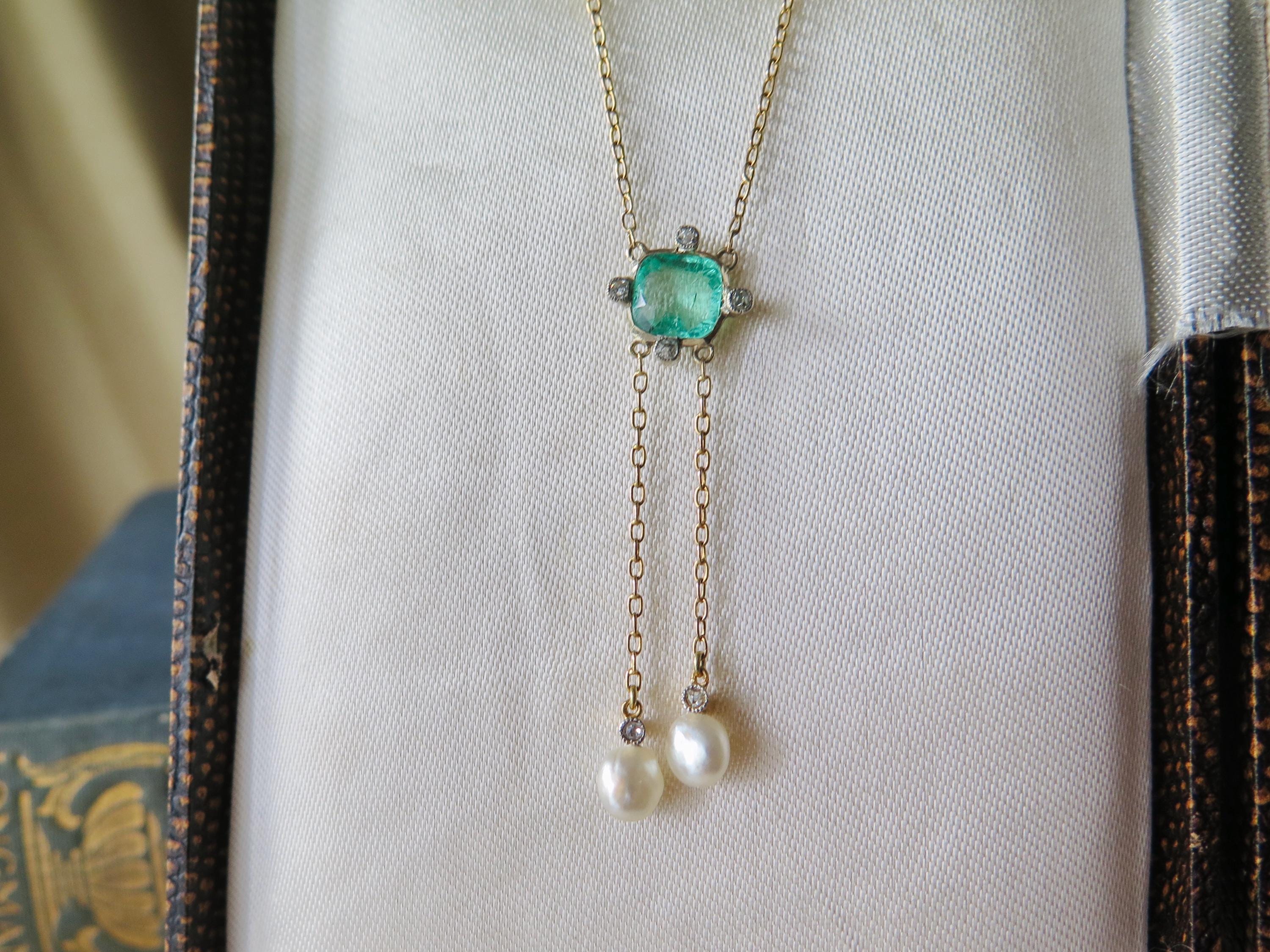 Antique 14k Gold Emerald & Diamond Drop Necklace: Belle Epoque Fine Jewelry
