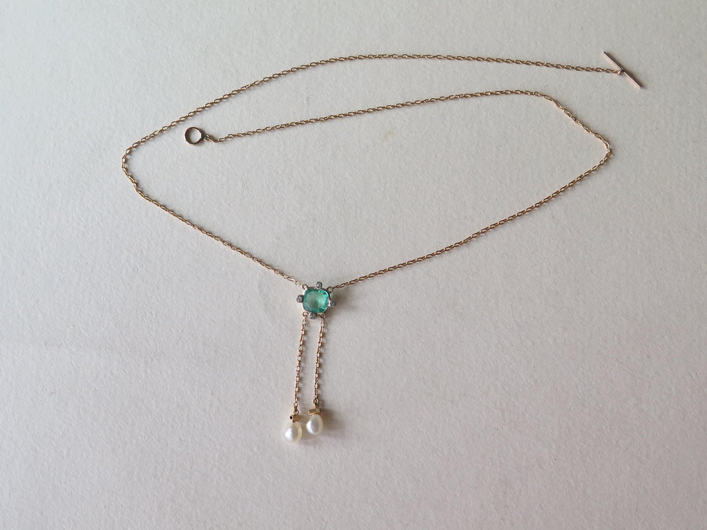 Antique 14k Gold Emerald & Diamond Drop Necklace: Belle Epoque Fine Jewelry