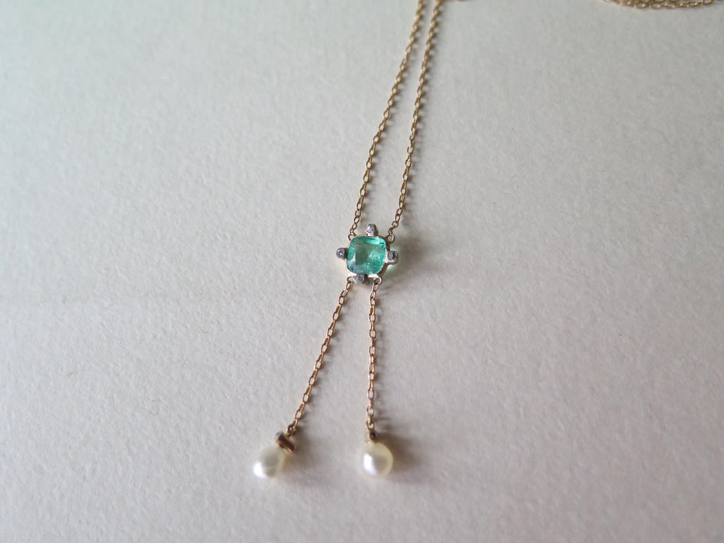 Antique 14k Gold Emerald & Diamond Drop Necklace: Belle Epoque Fine Jewelry