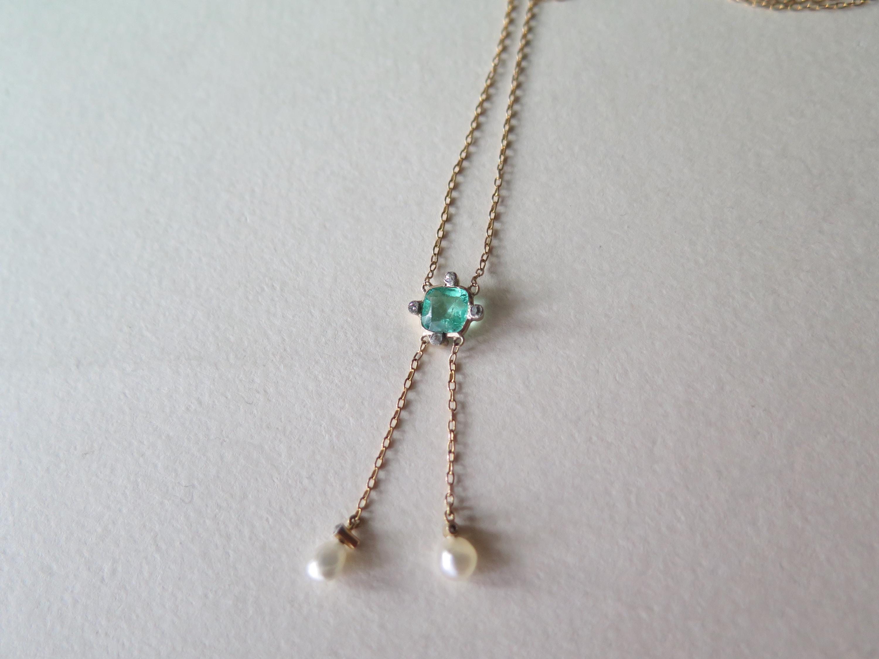 Antique 14k Gold Emerald & Diamond Drop Necklace: Belle Epoque Fine Jewelry