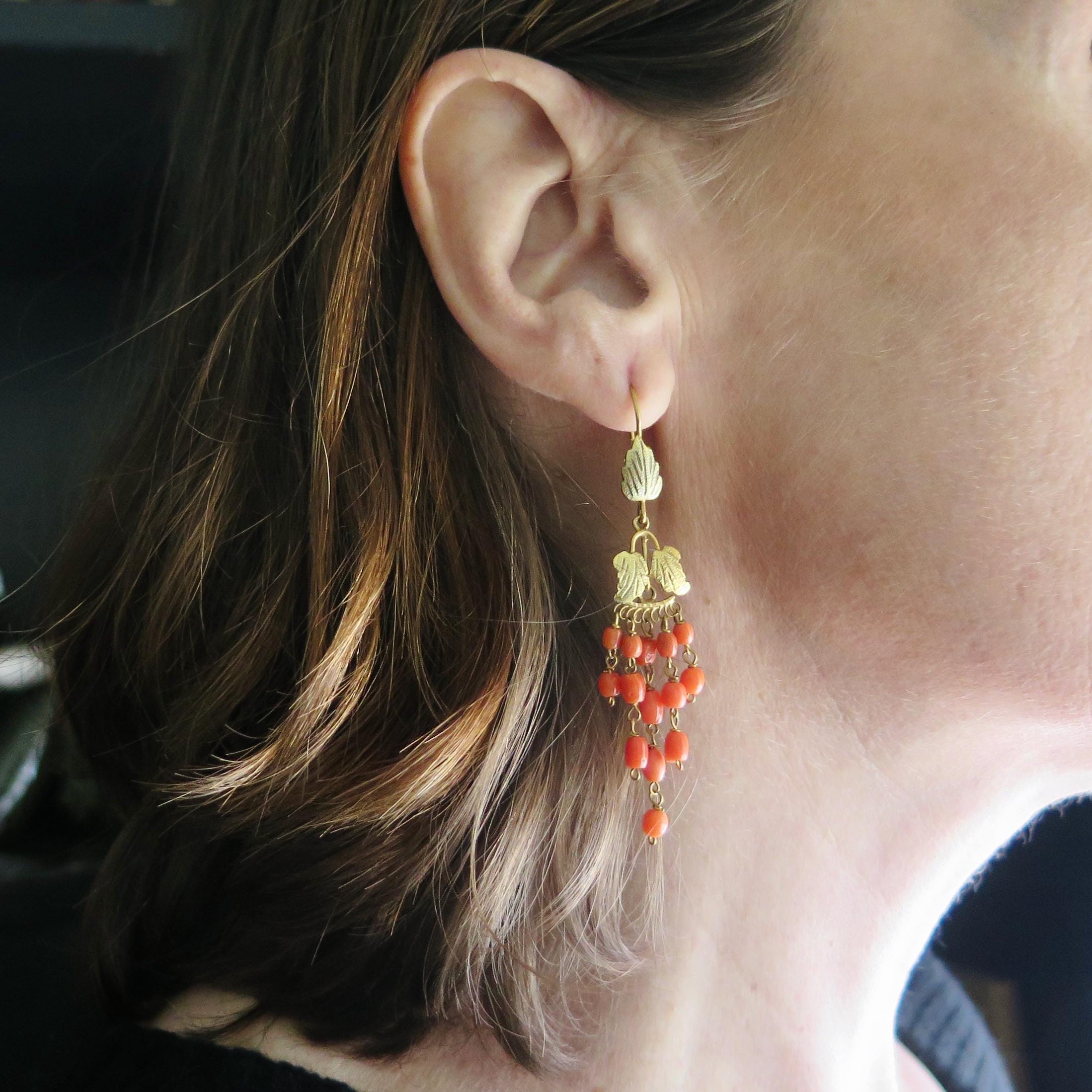 Vintage 9k Gold Coral Chandelier Earrings: Mediterranean Leaf Drops
