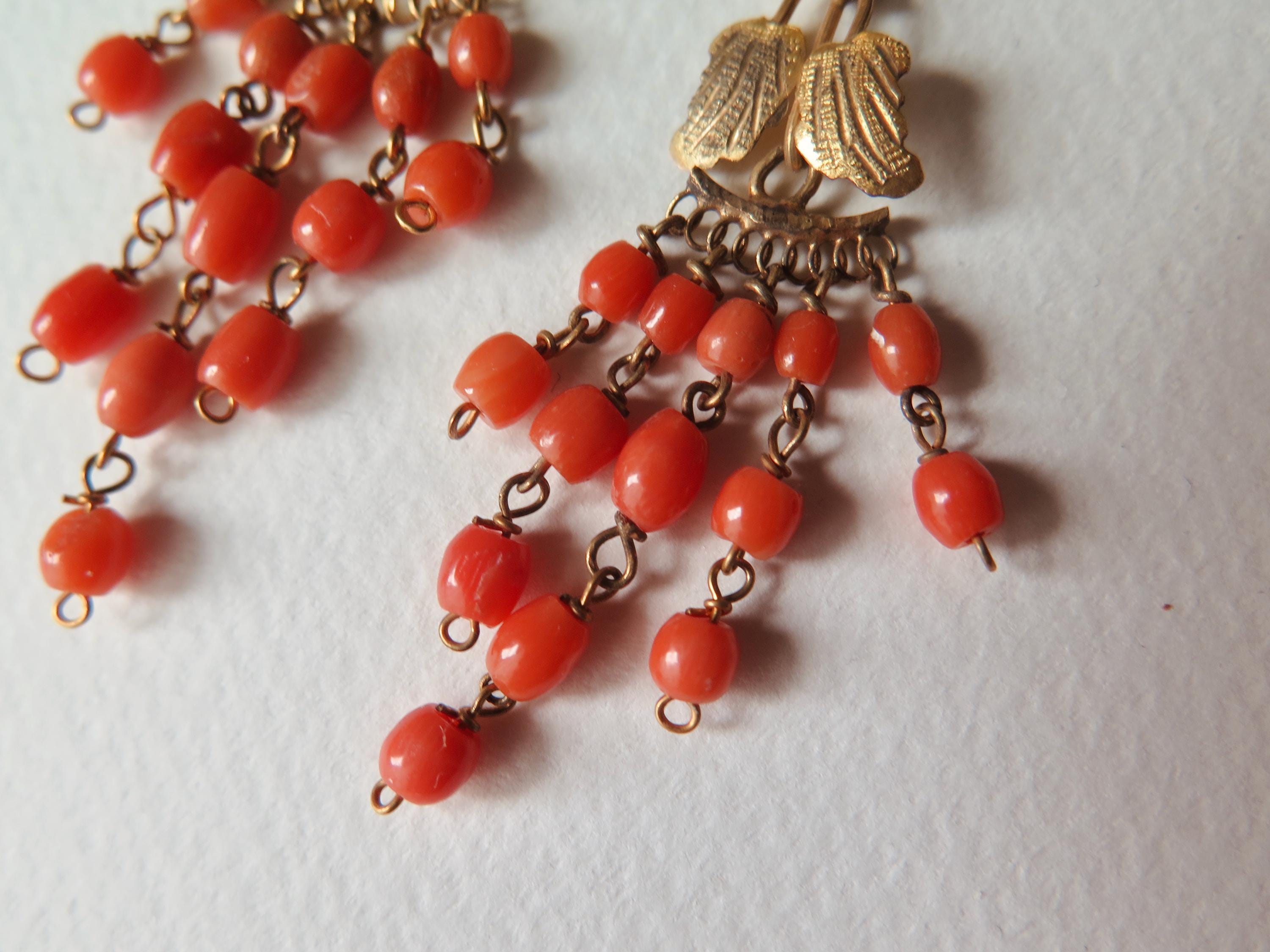 Vintage 9k Gold Coral Chandelier Earrings: Mediterranean Leaf Drops